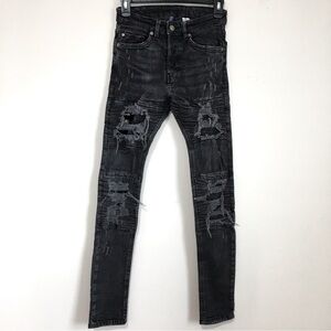 H&M Men’s Ripped Pleated Slim fit Patch Stretch Distressed Black Denim Jeans